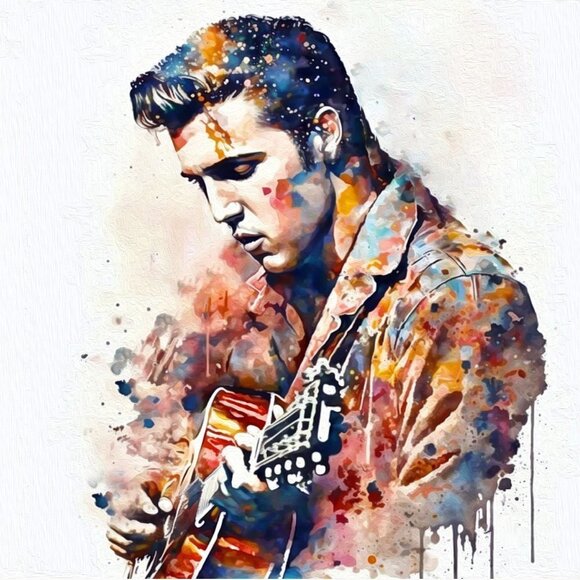 4x6 Elvis Presley Playing Guitar Watercolor Oil Painting Print King of Rock‎ - Picture 1 of 7